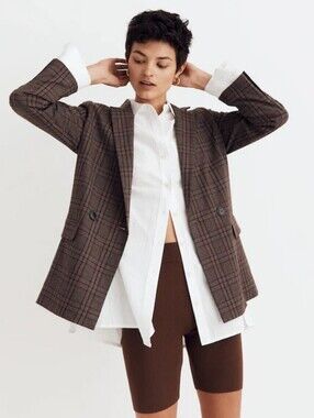 MADEWELL Caldwell Double-Breasted Blazer in Hedden Brown Plaid Oversized Size XS